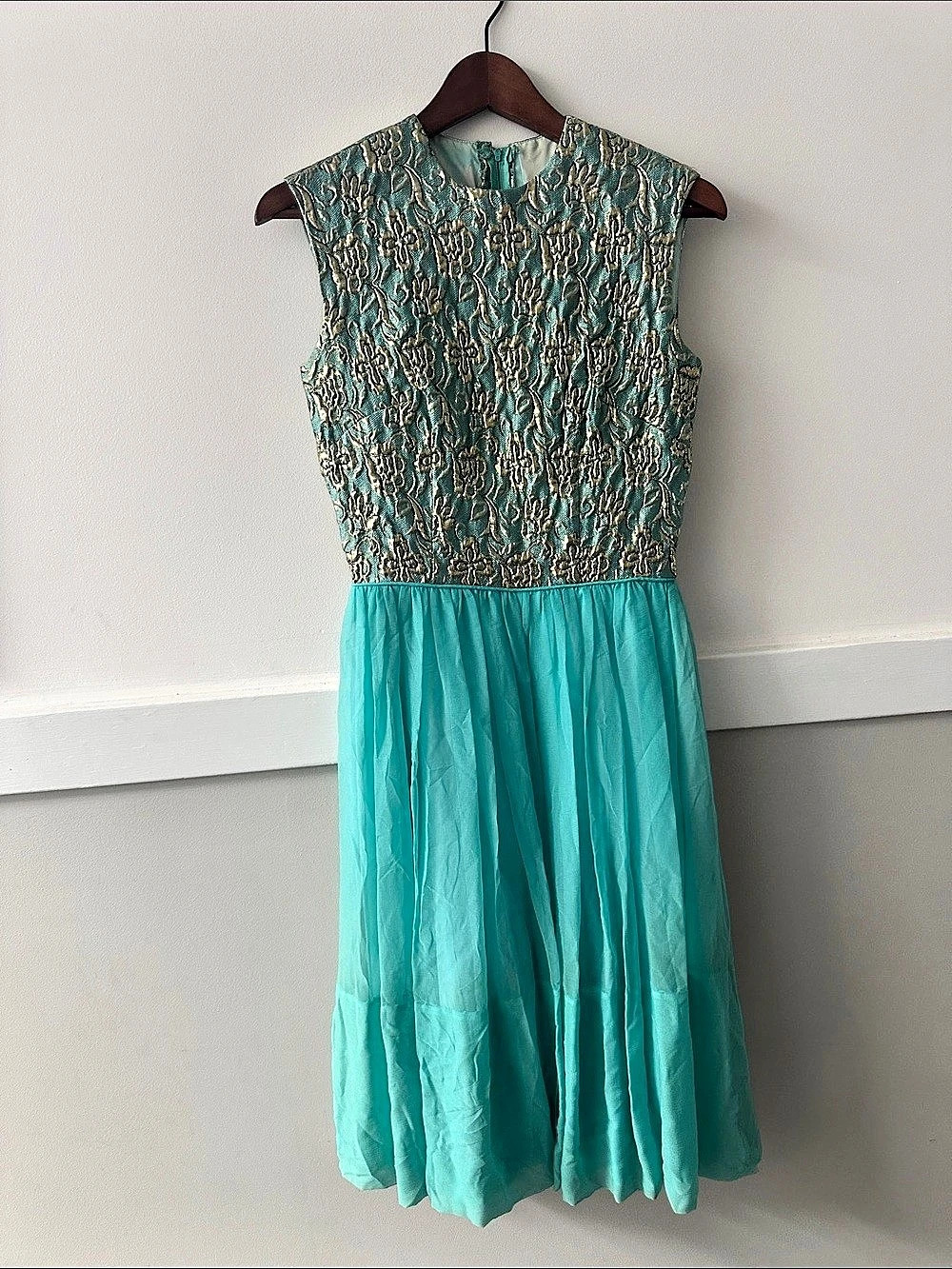 Frolic Time California 1950s/1960/ Brocade Bodice Midi Dress in Teal & Gold